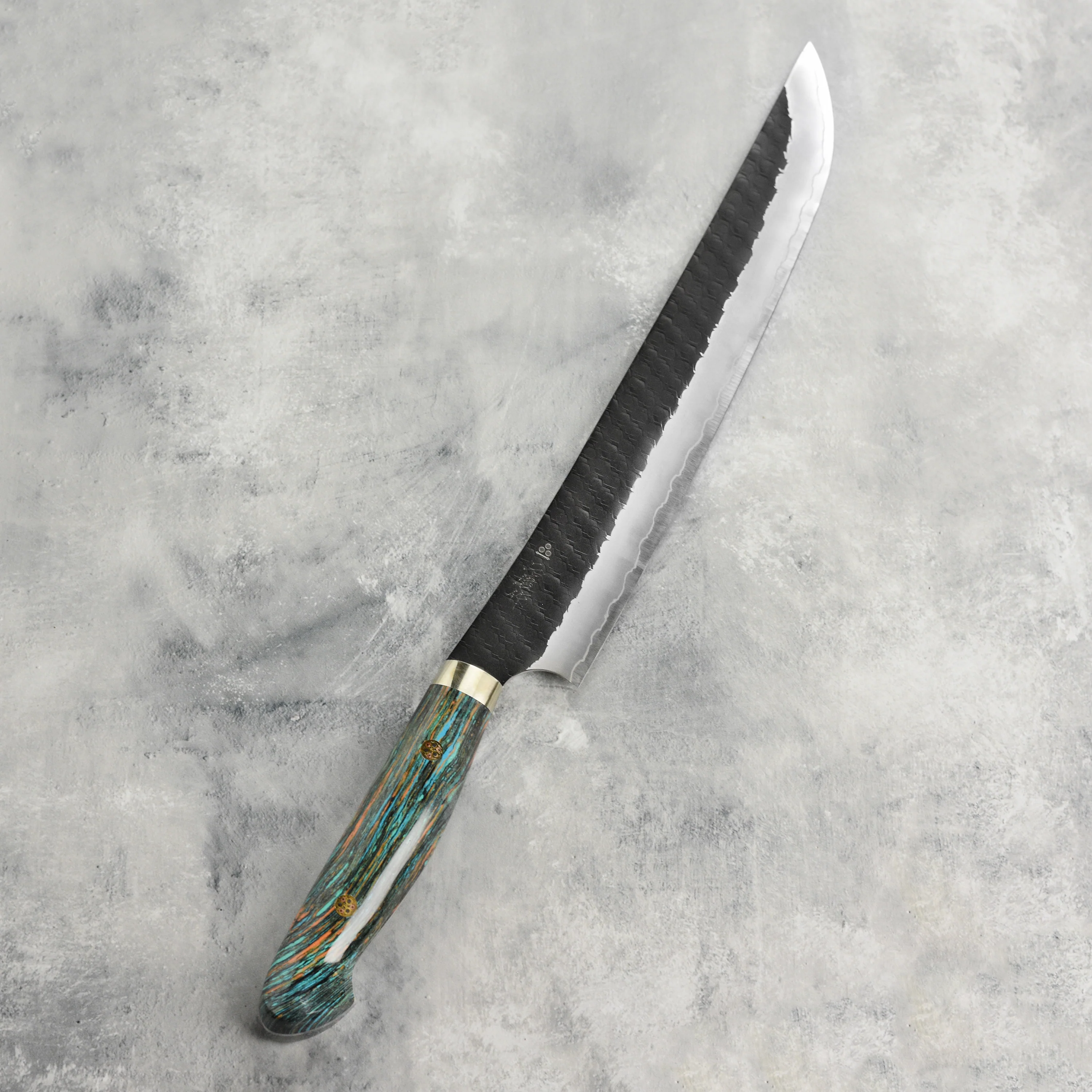 Nigara SG2 Kurouchi Tsuchime 10.6" Sakimaru Sujihiki, Striped Turquoise - Image 8