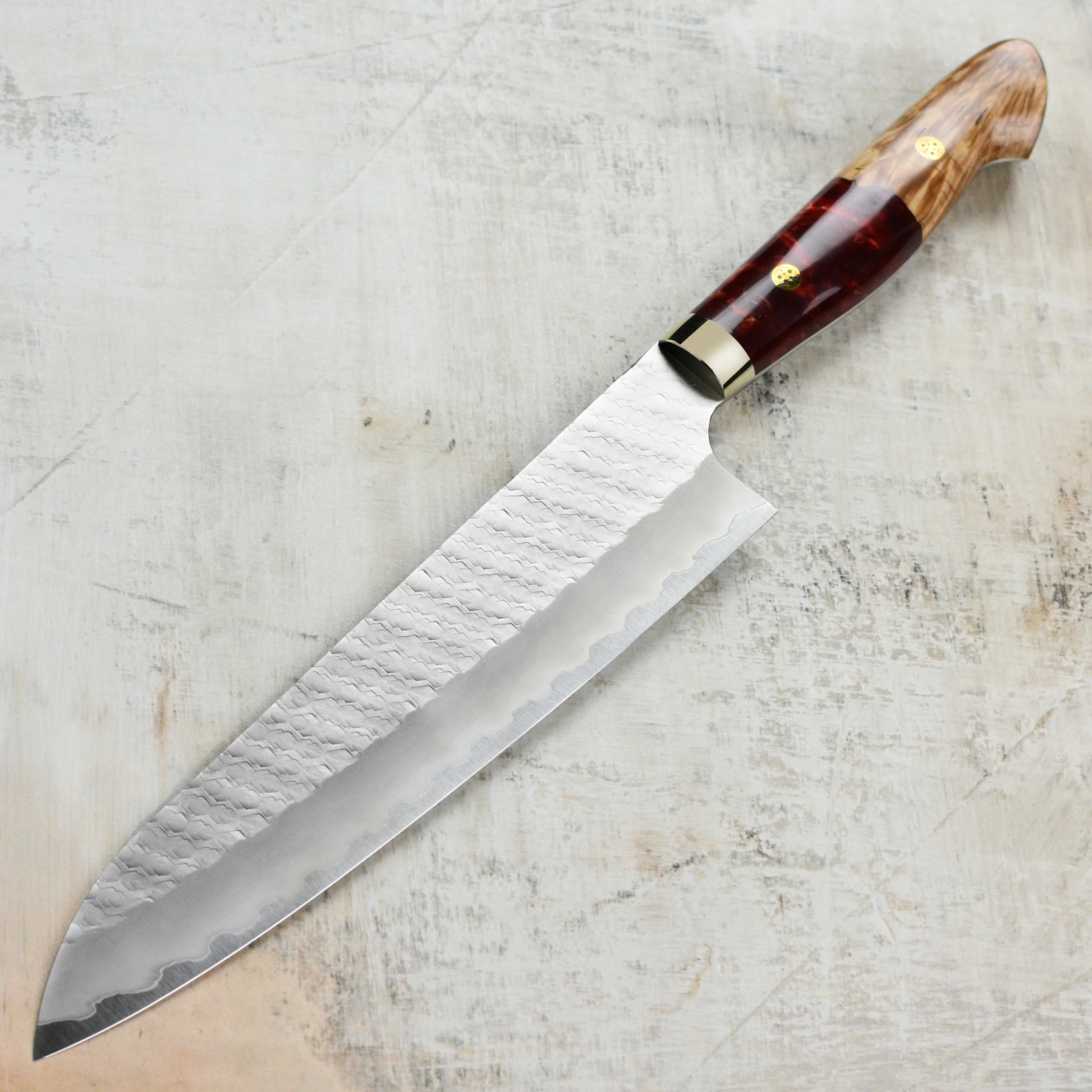 Nigara SG2 Migaki Tsuchime 9.4" Gyuto, Crimson Acrylic - Image 6