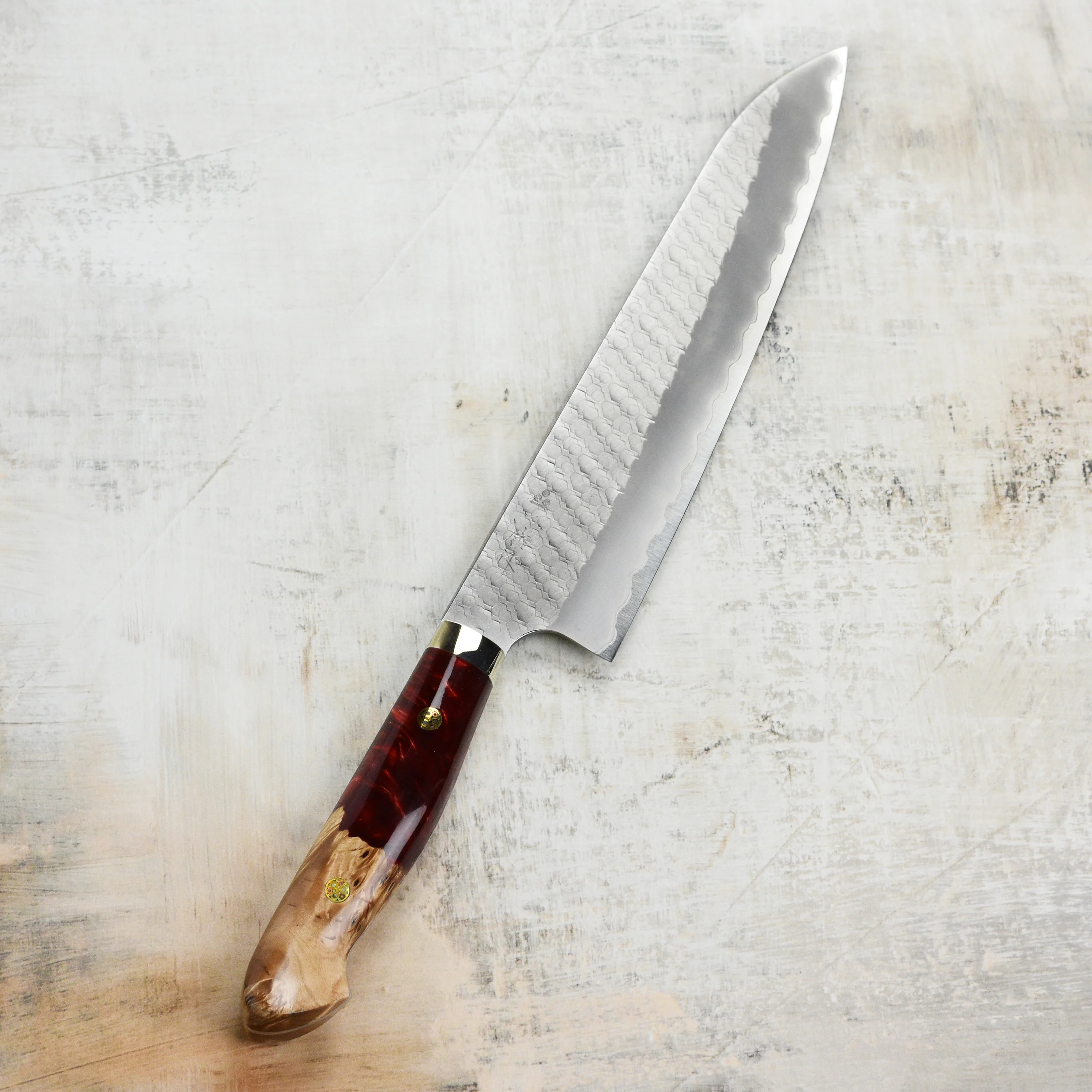 Nigara SG2 Migaki Tsuchime 9.4" Gyuto, Crimson Acrylic - Image 8