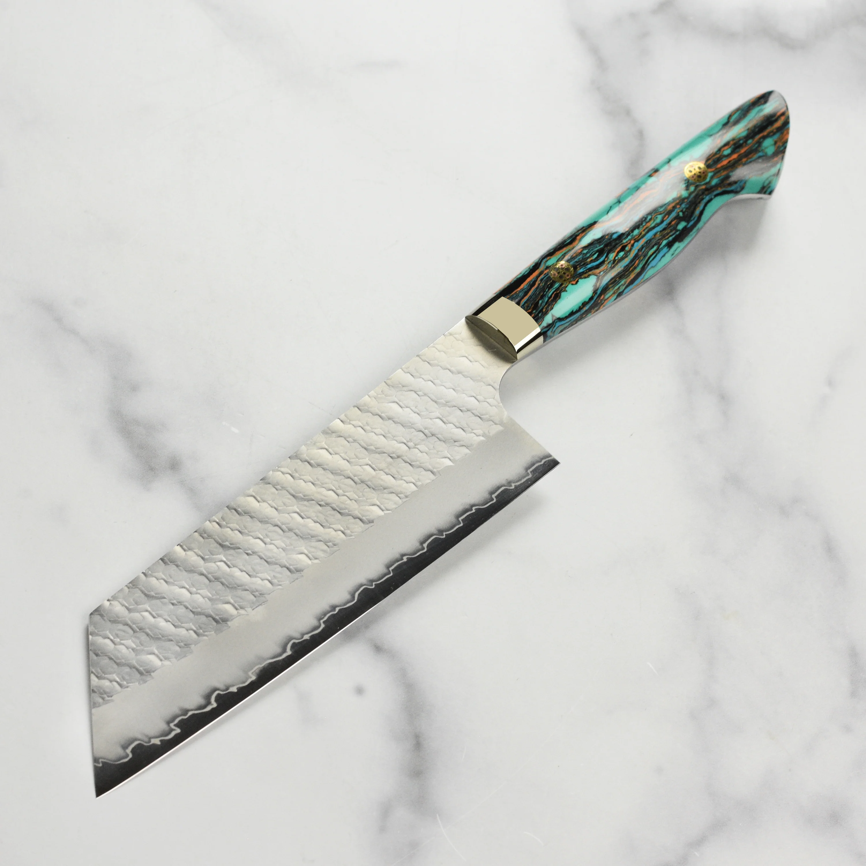 Nigara SG2 Migaki Tsuchime 7" Kiritsuke Nakiri, Marbled Turquoise - Image 6