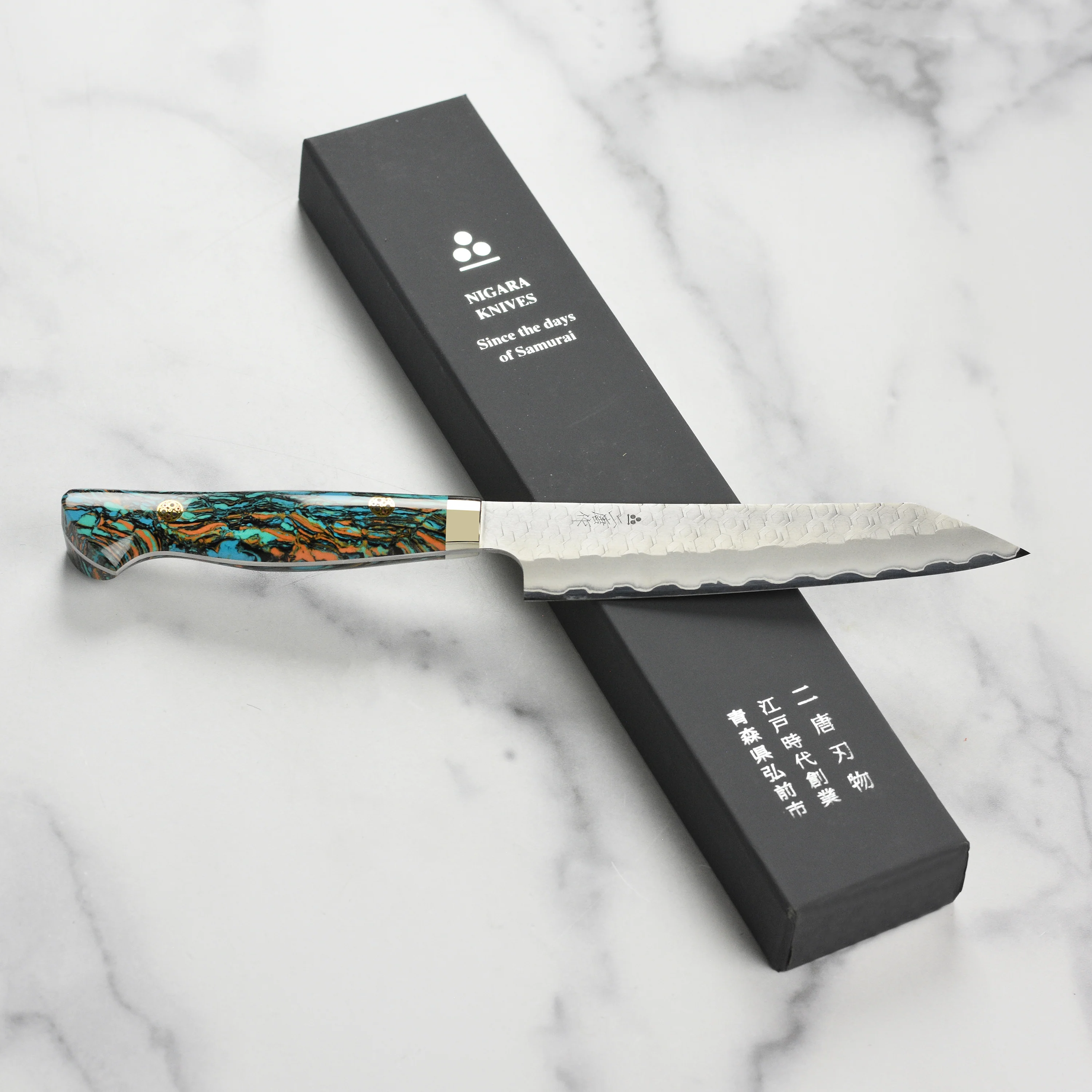 Nigara SG2 Migaki Tsuchime 5.9" Kiritsuke Petty, Marbled Turquoise - Image 8
