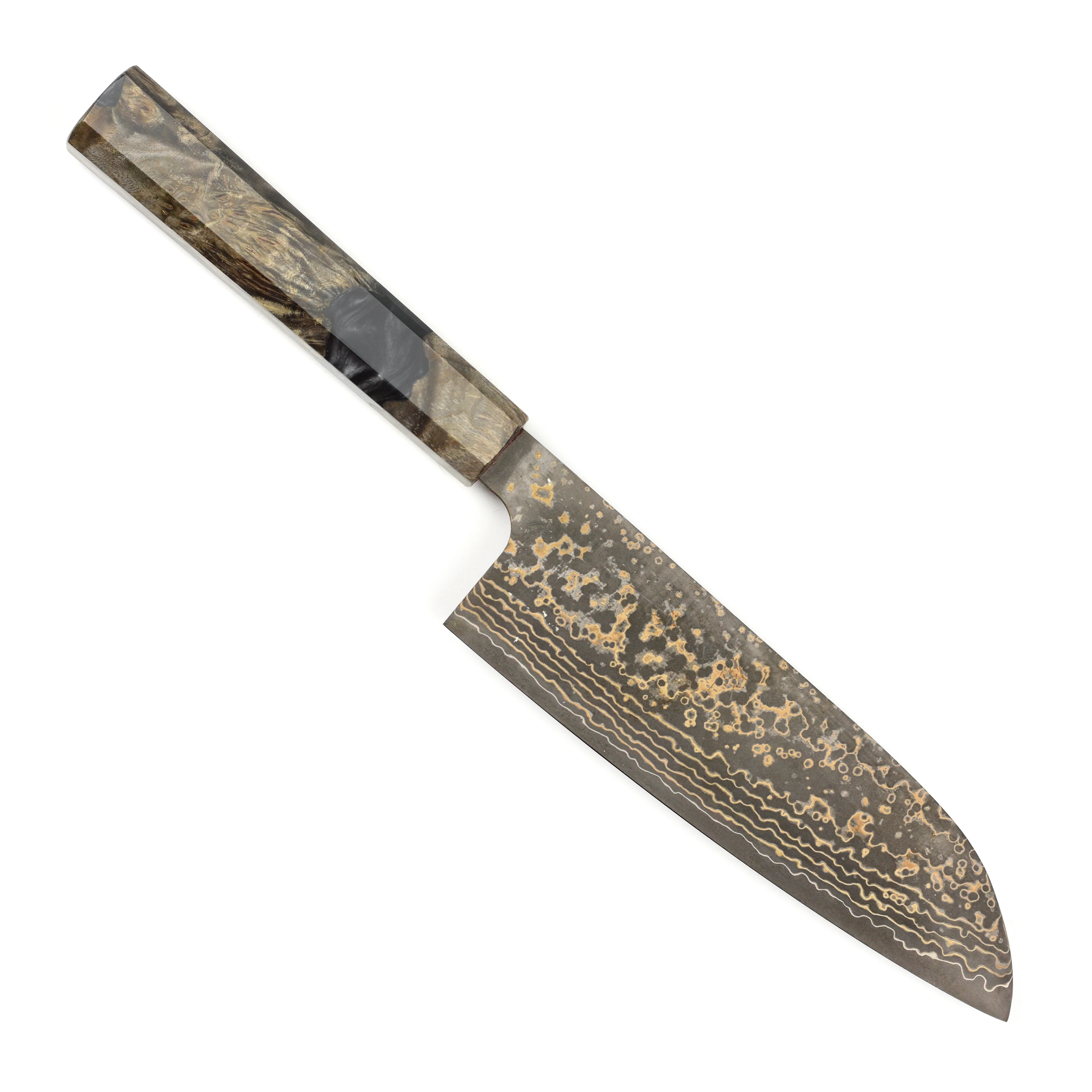 Saji Black Gold Damascus 6.5" Santoku, Stabilized Birch - Image 9