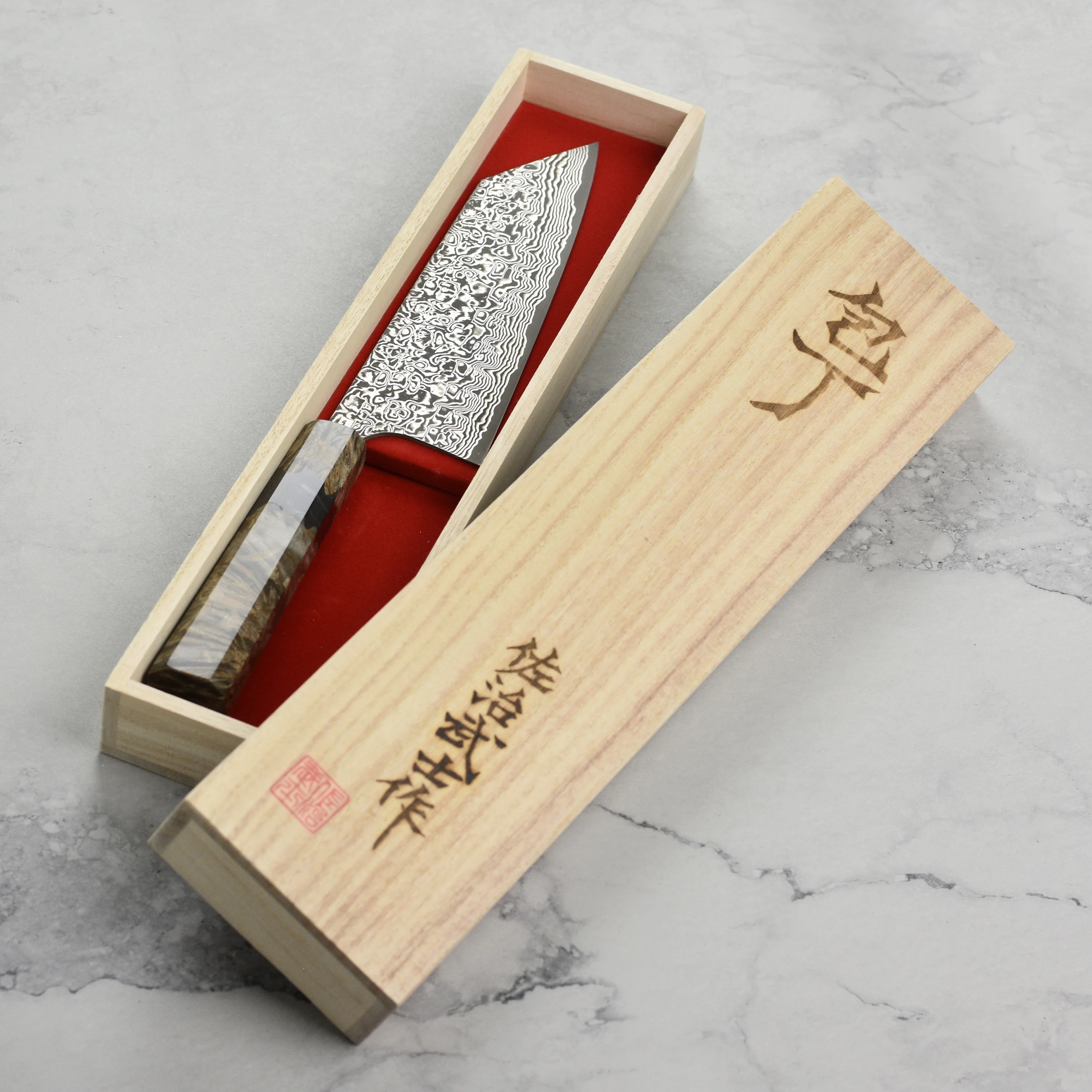 Saji SG2 Black Damascus 6.7" Bunka, Stabilized Birch - Image 8