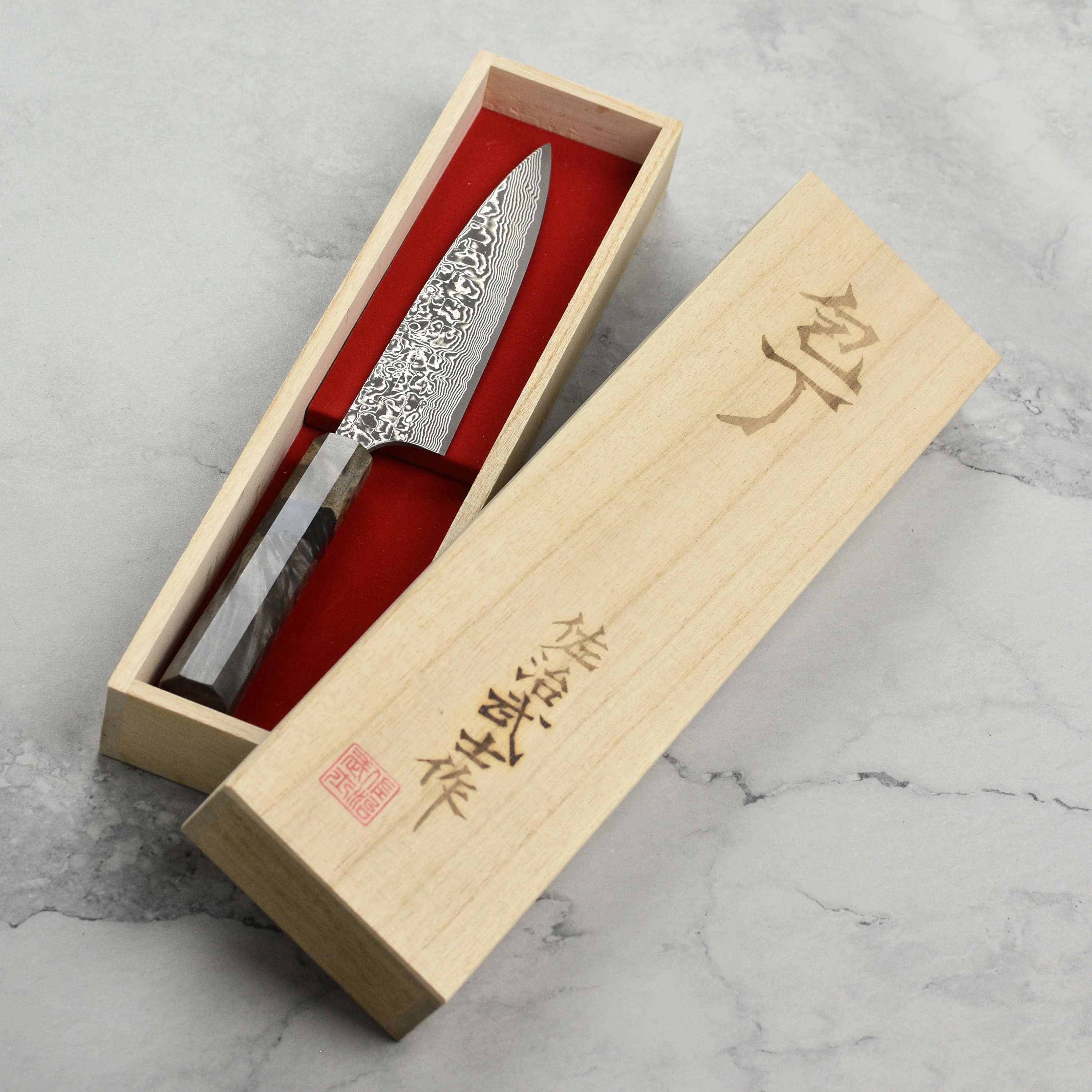 Saji SG2 Black Damascus 5.9" Petty, Stabilized Birch - Image 8