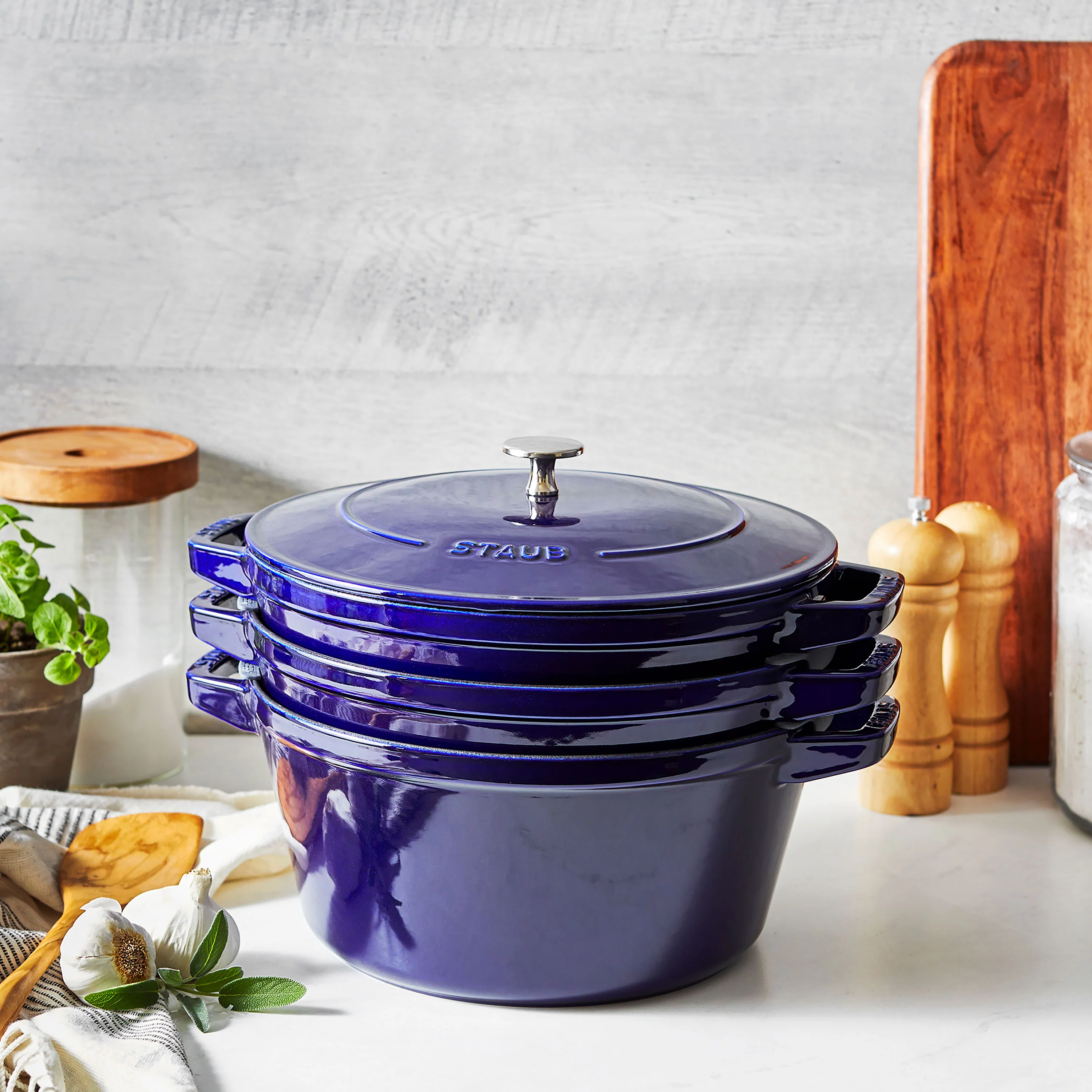Staub 4 Piece Sapphire Blue Stackable Cast Iron Cookware Set - Image 3