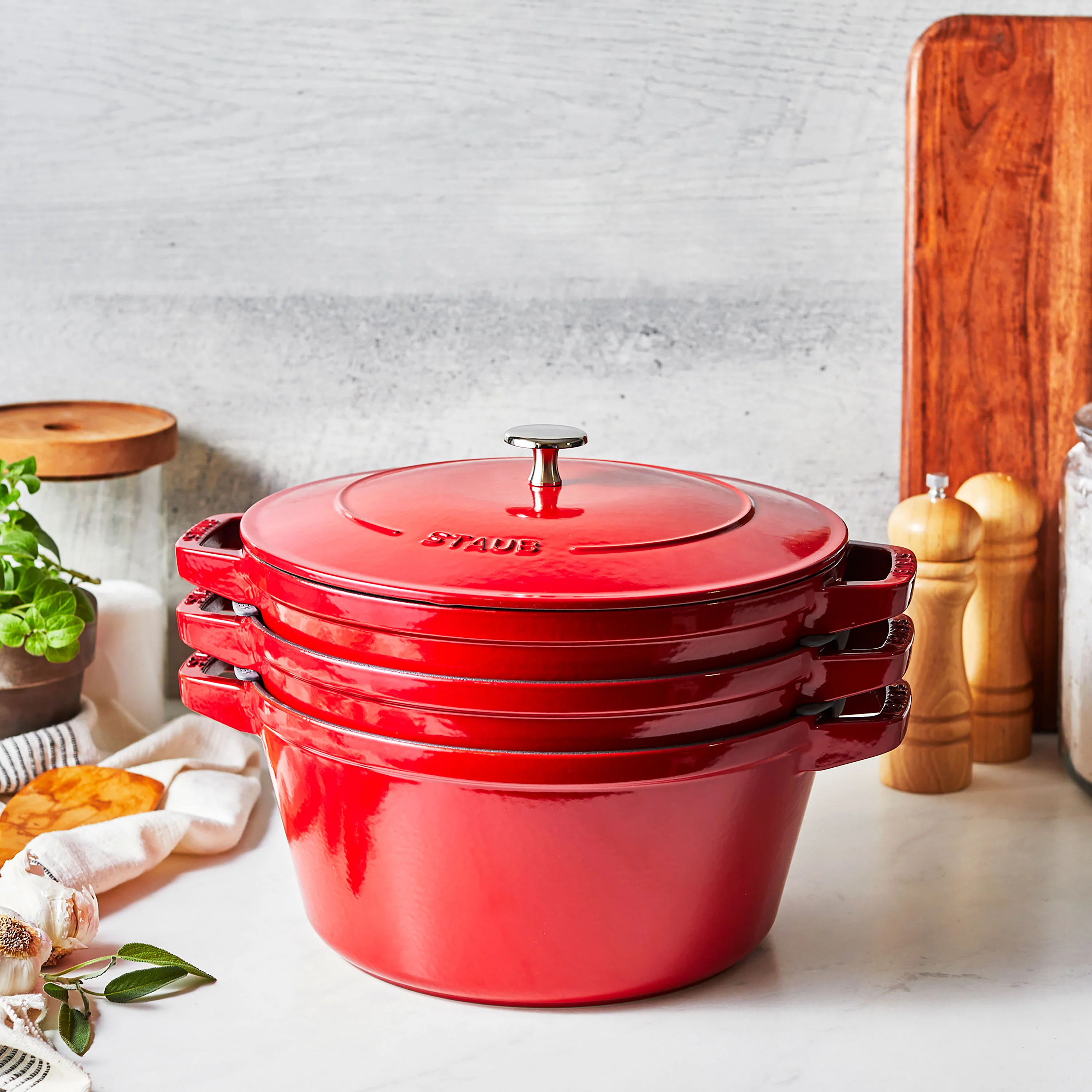 Staub 4 Piece Cherry Red Stackable Cast Iron Cookware Set - Image 3