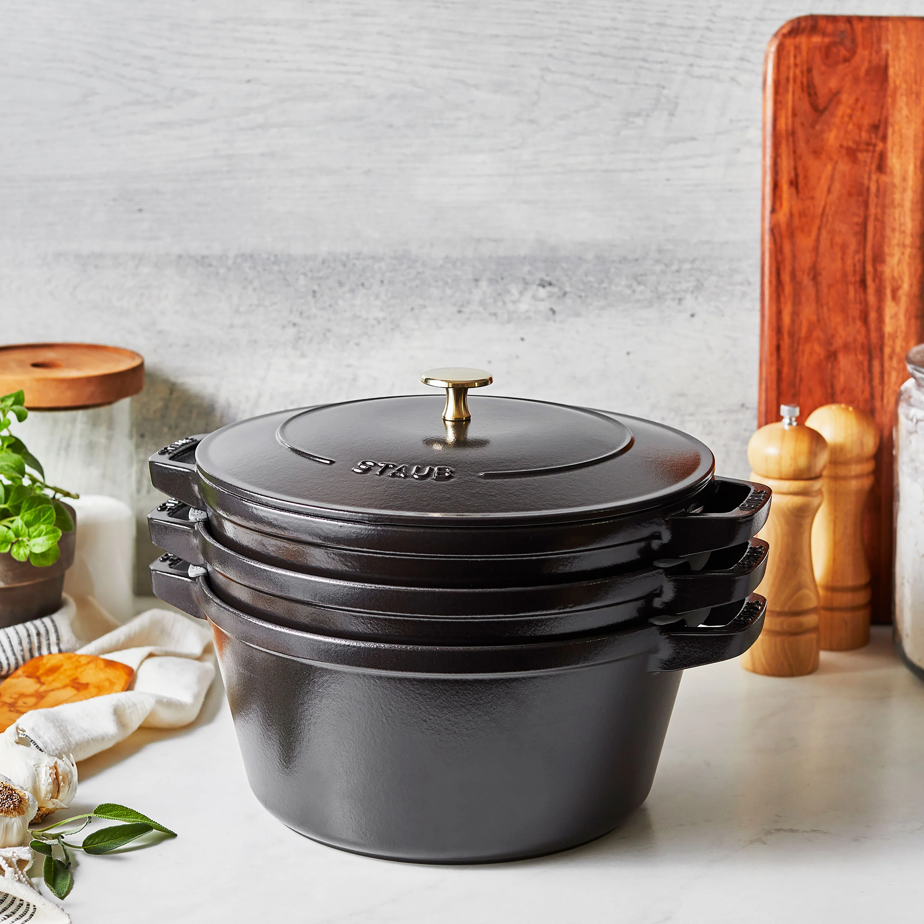 Staub 4 Piece Matte Black Stackable Cast Iron Cookware Set - Image 4
