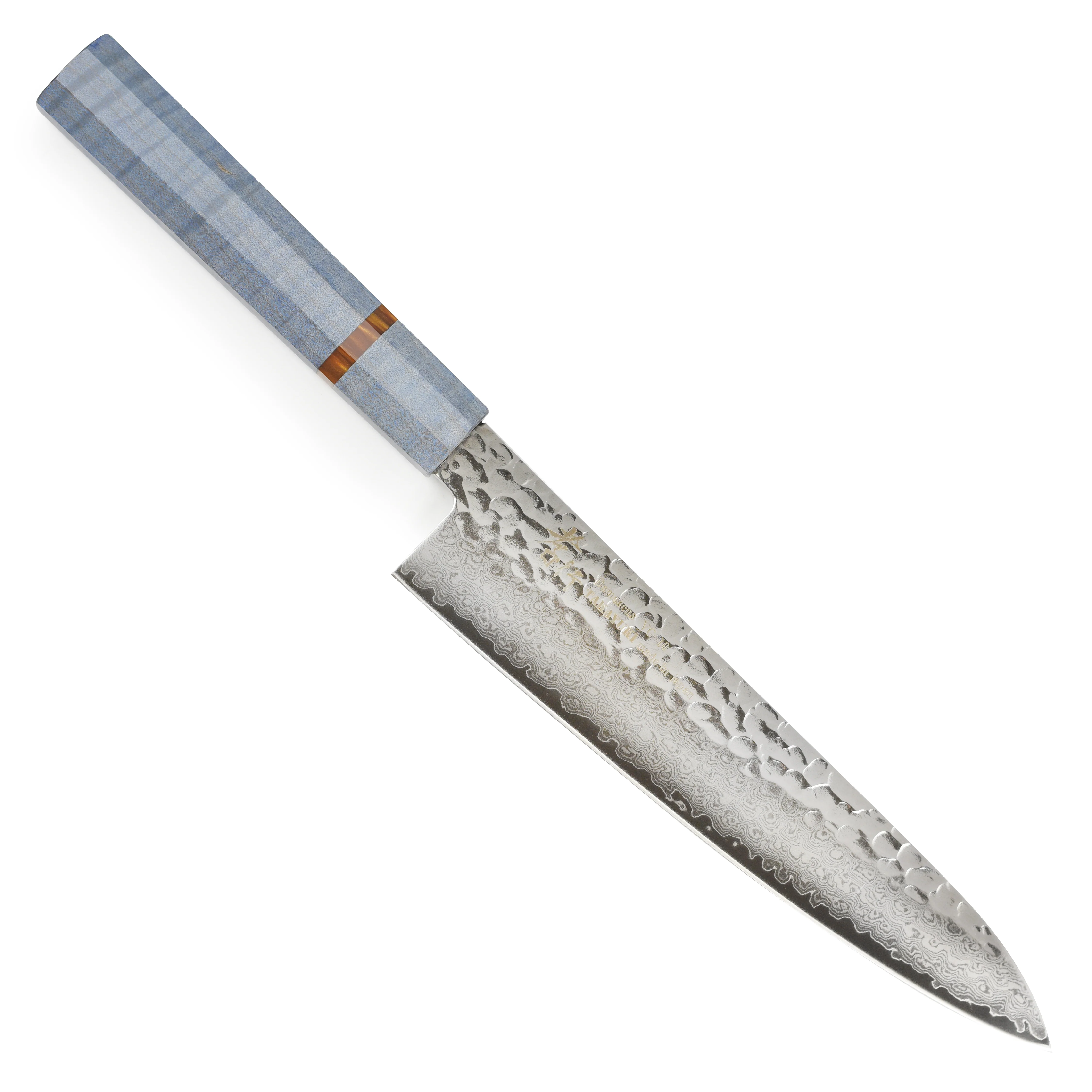 Takayuki Tsuchime Damascus 8.25" Gyuto, Blue Stabilized Handle - Image 5