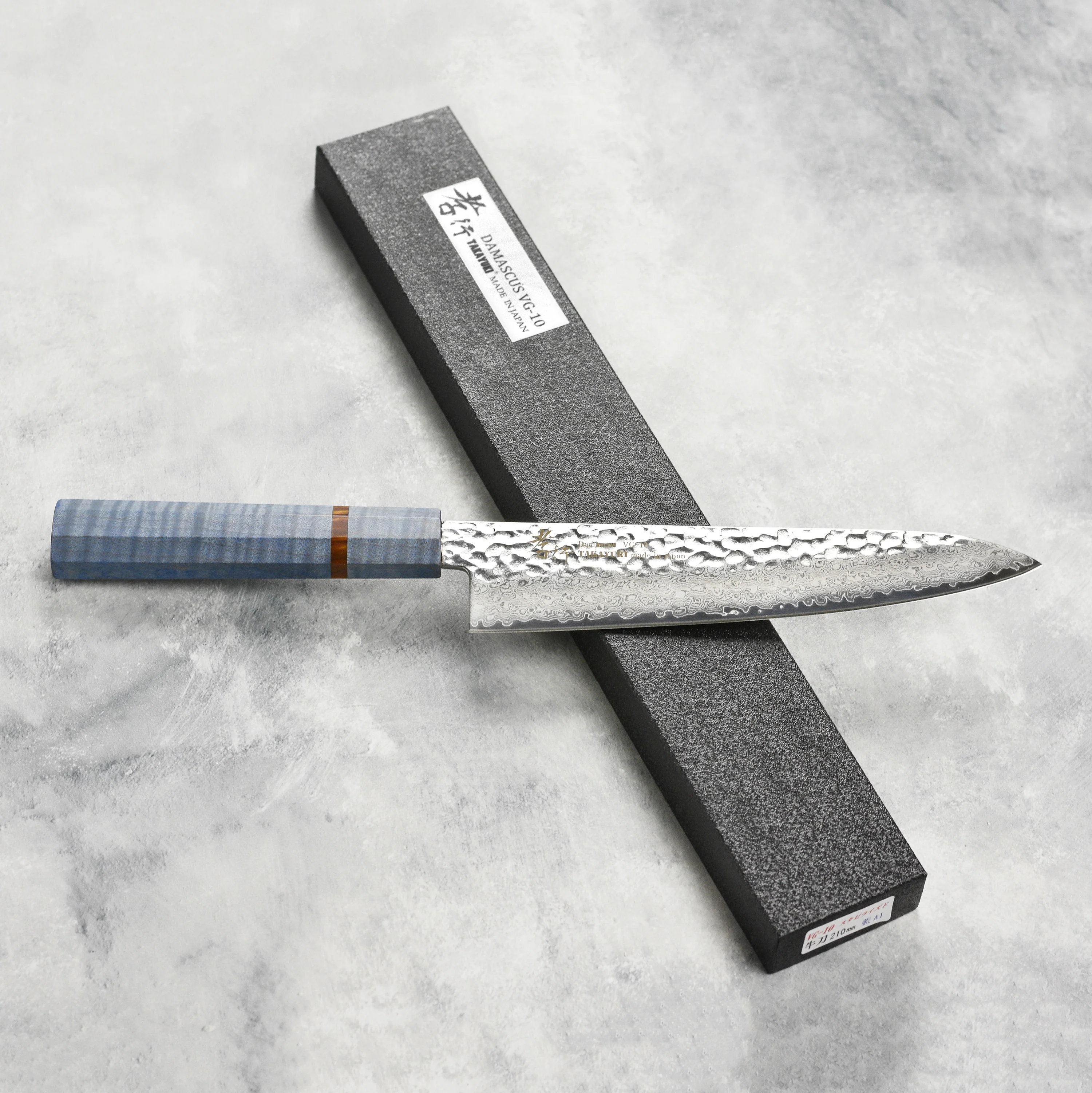 Takayuki Tsuchime Damascus 8.25" Gyuto, Blue Stabilized Handle - Image 8