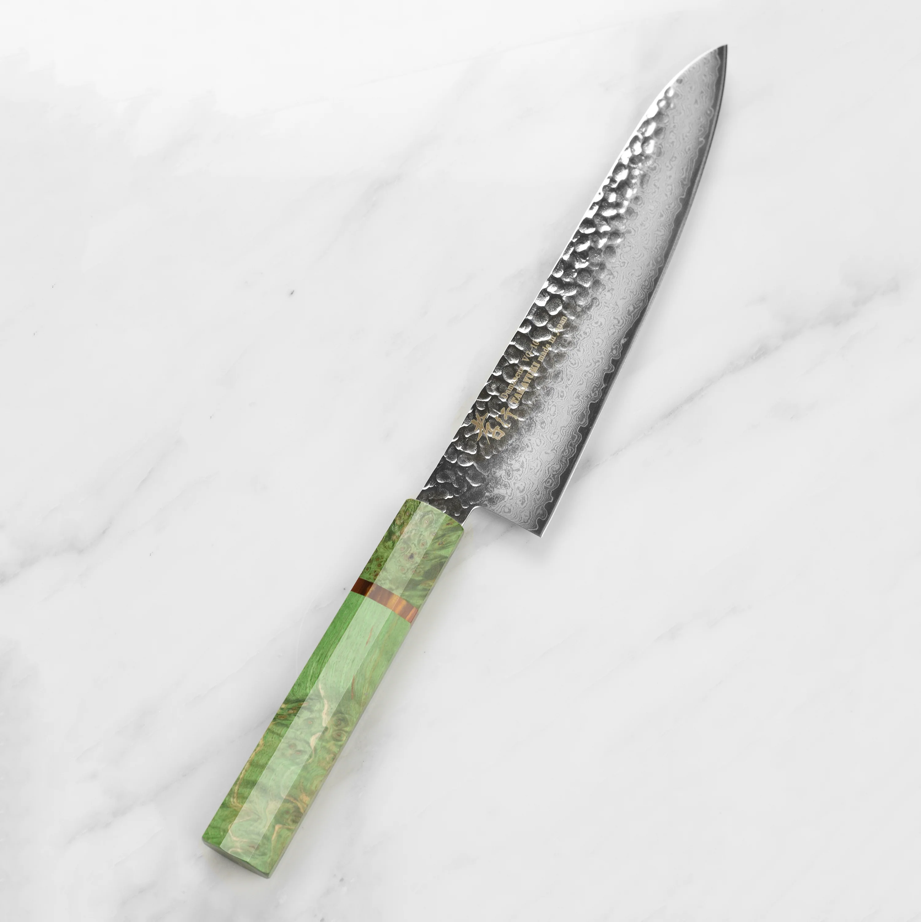 Takayuki Tsuchime Damascus 8.25" Gyuto, Green Stabilized Handle - Image 7
