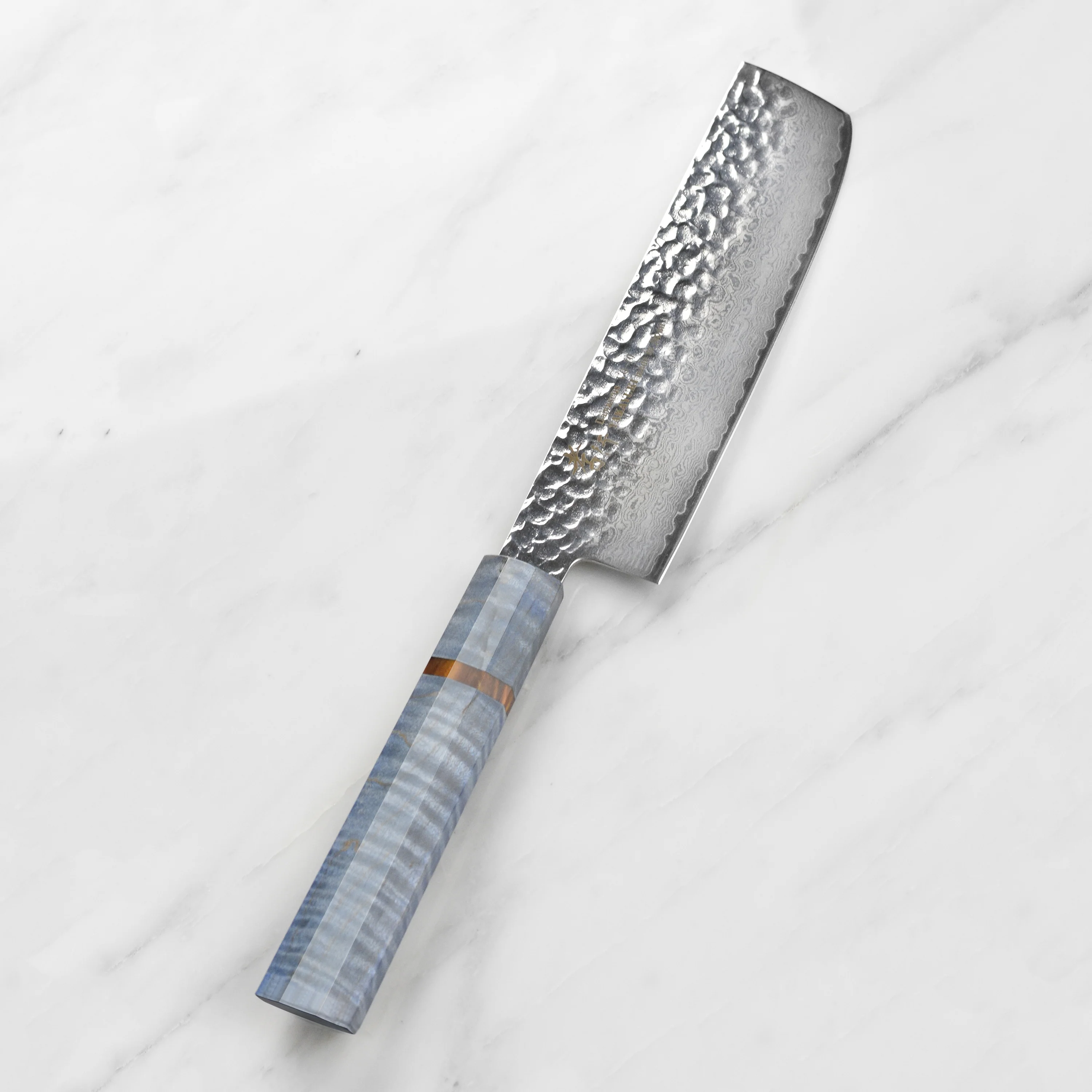 Takayuki Tsuchime Damascus 6.7" Nakiri, Blue Stabilized Handle - Image 7