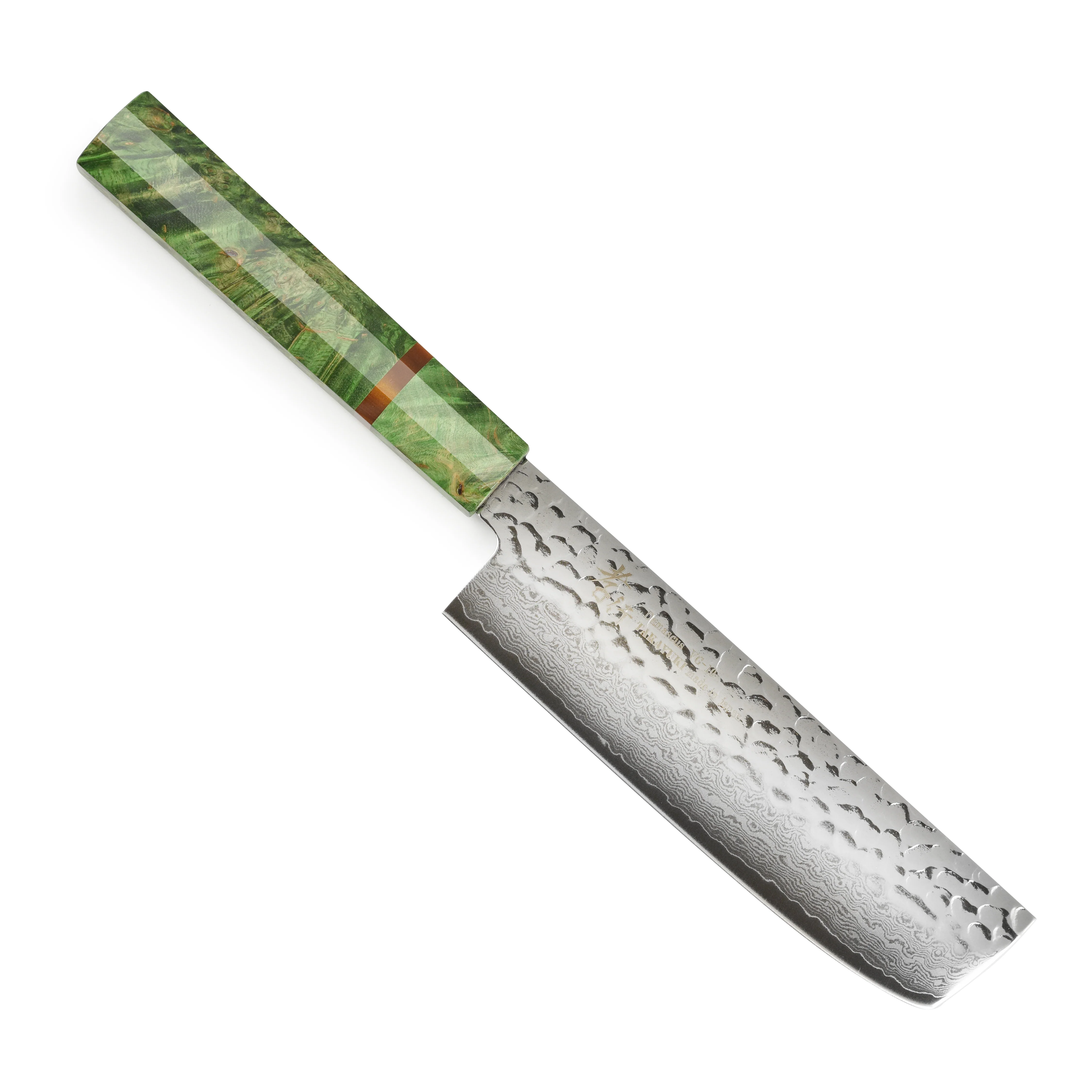 Takayuki Tsuchime Damascus 6.7" Nakiri, Green Stabilized Handle - Image 5