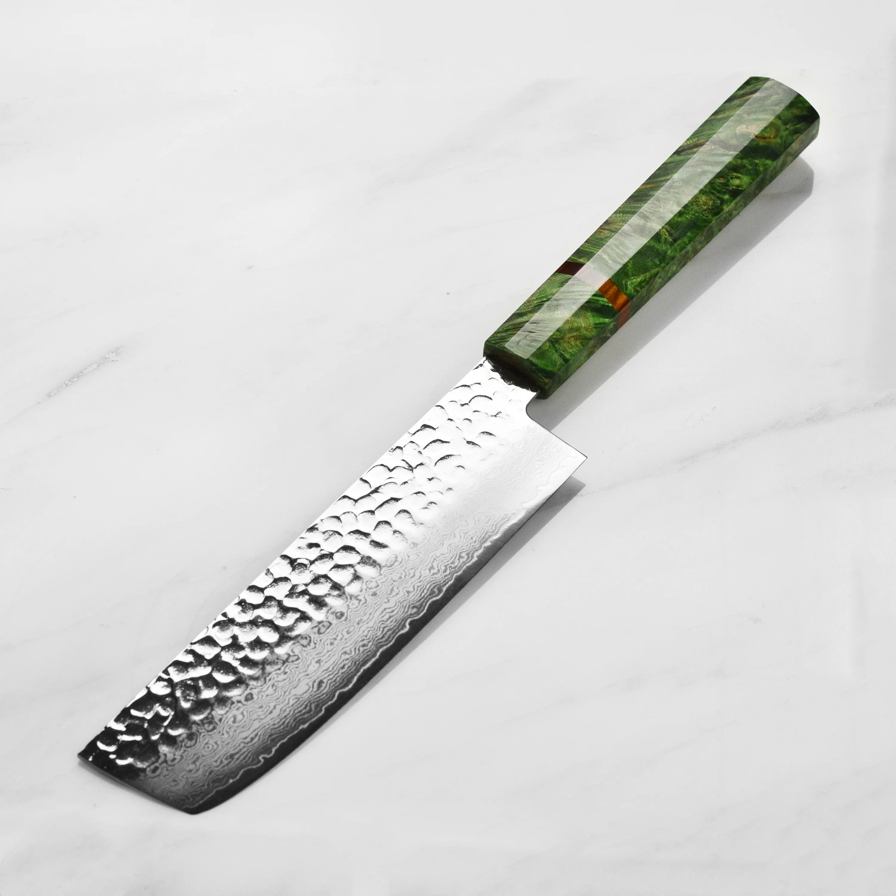 Takayuki Tsuchime Damascus 6.7" Nakiri, Green Stabilized Handle - Image 6