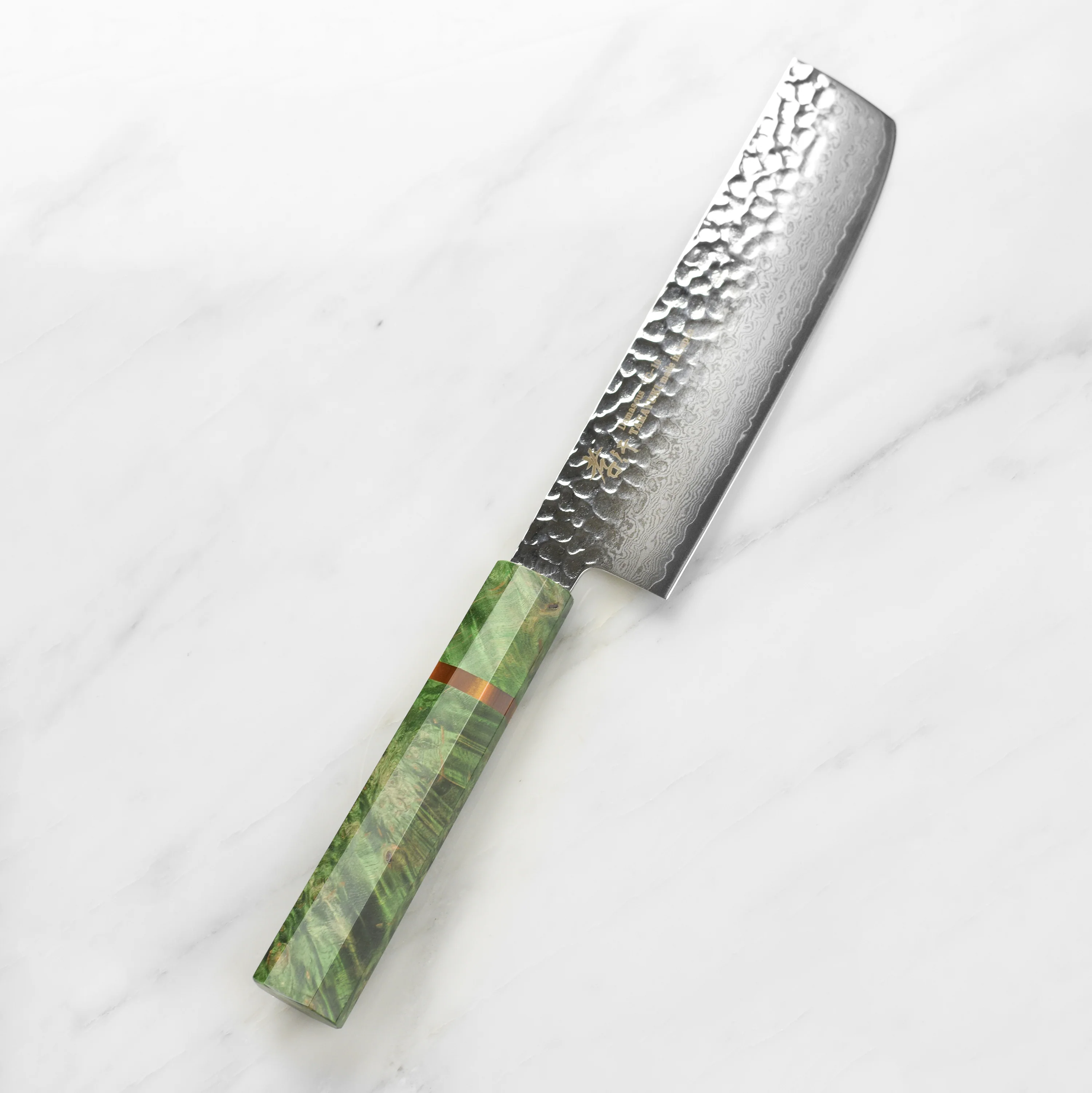Takayuki Tsuchime Damascus 6.7" Nakiri, Green Stabilized Handle - Image 7