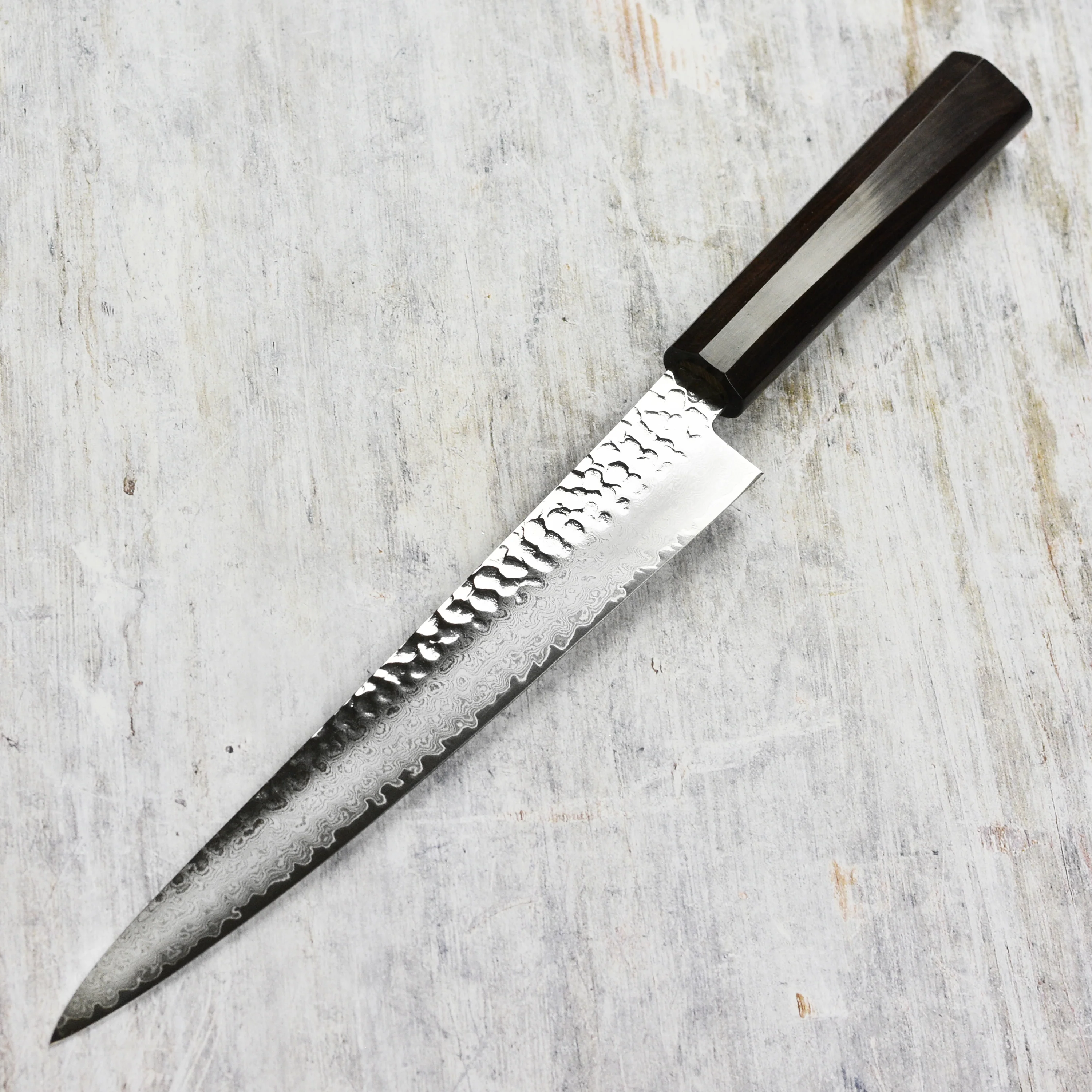 Takayuki Tsuchime Damascus 9.4" Sujihiki with Ebony Handle - Image 6