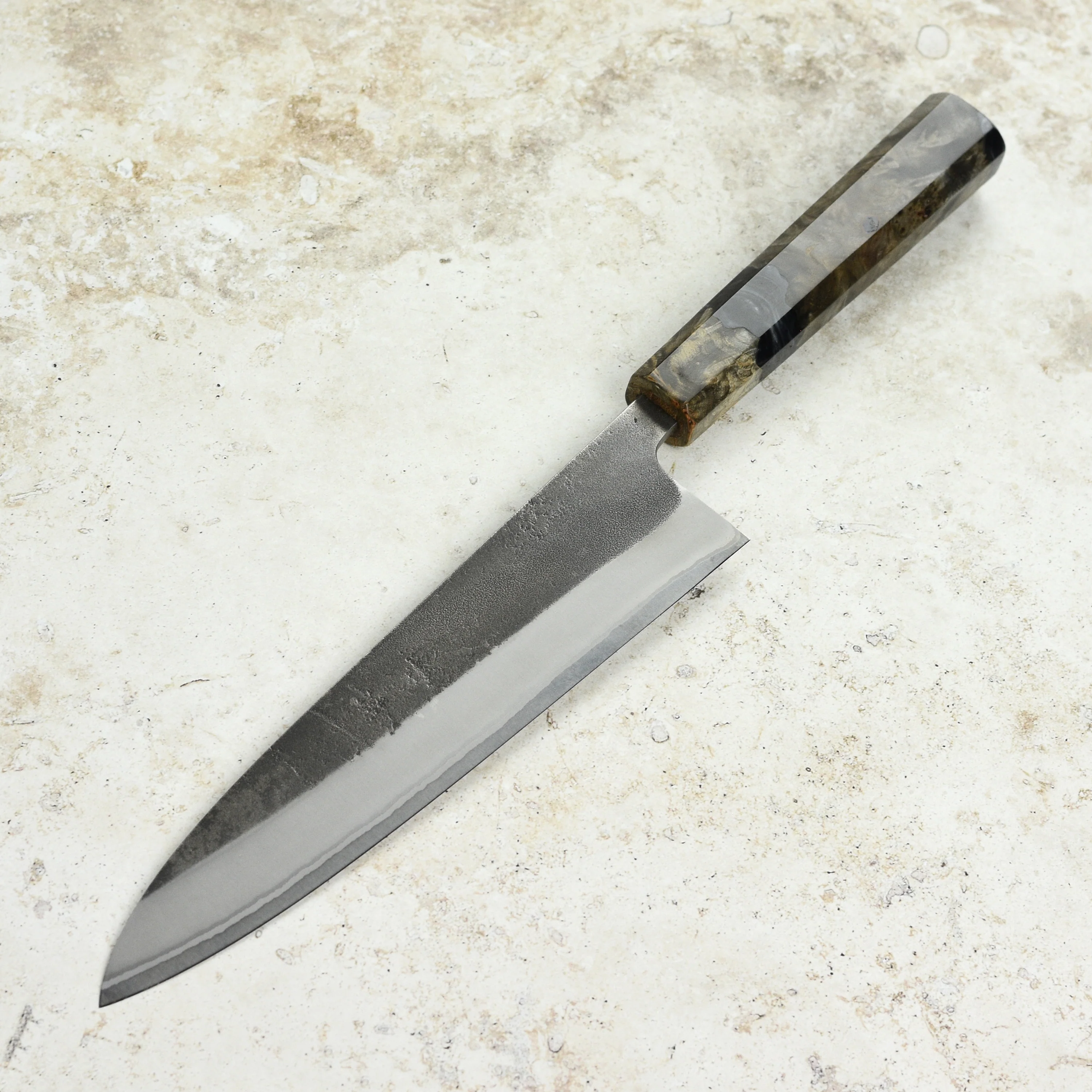 Yoshikane Shirogami #2 Kurouchi Stainless Clad 8.25" Gyuto, Stabilized Birch - Image 8