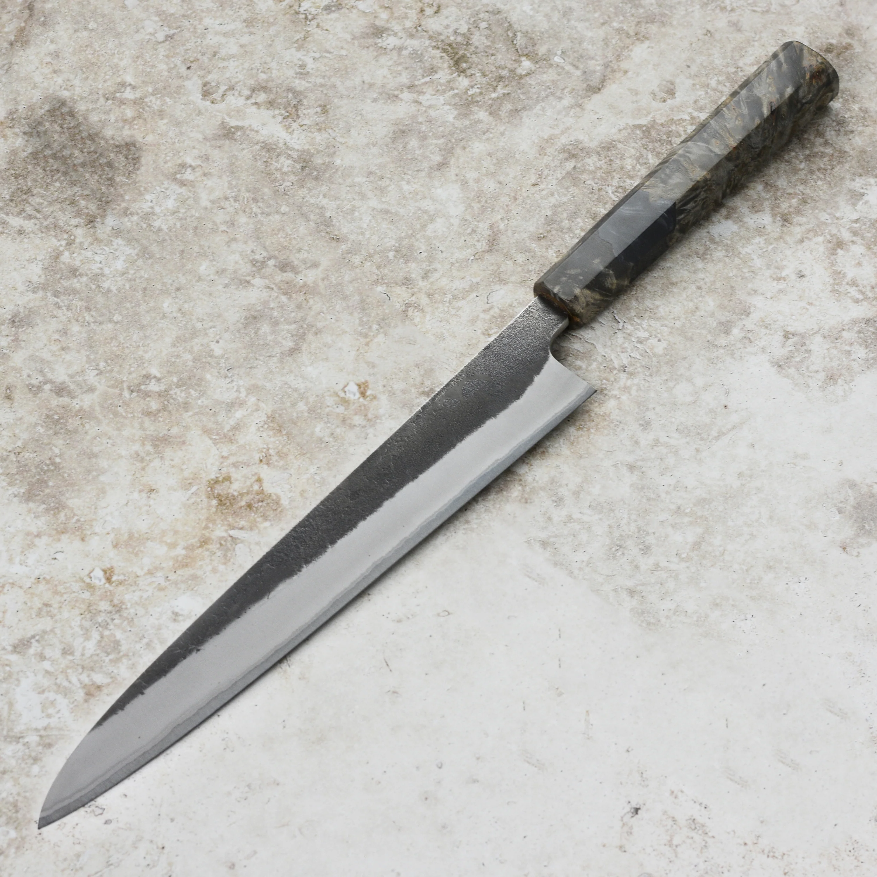 Yoshikane Shirogami #2 Kurouchi Stainless Clad 9.4" Sujihiki, Stabilized Birch - Image 3
