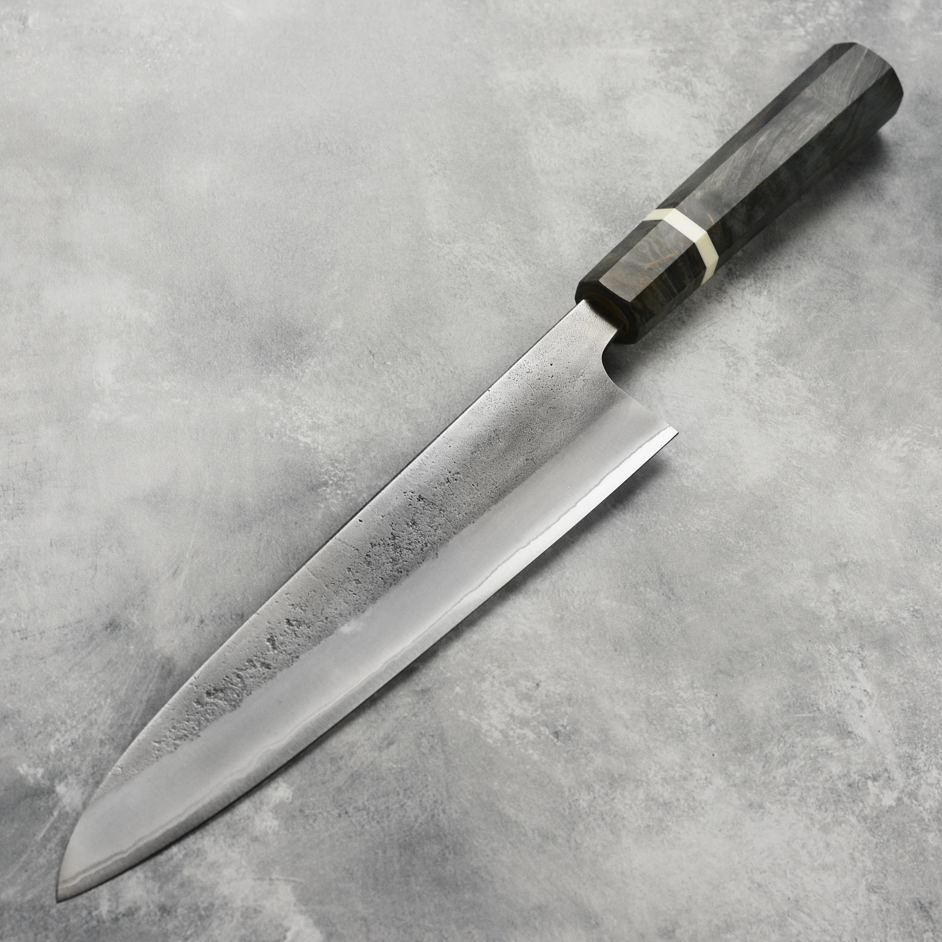 Yoshikane Shirogami #2 Nashiji Stainless Clad 9.4" Gyuto, Stabilized Birch - Image 6