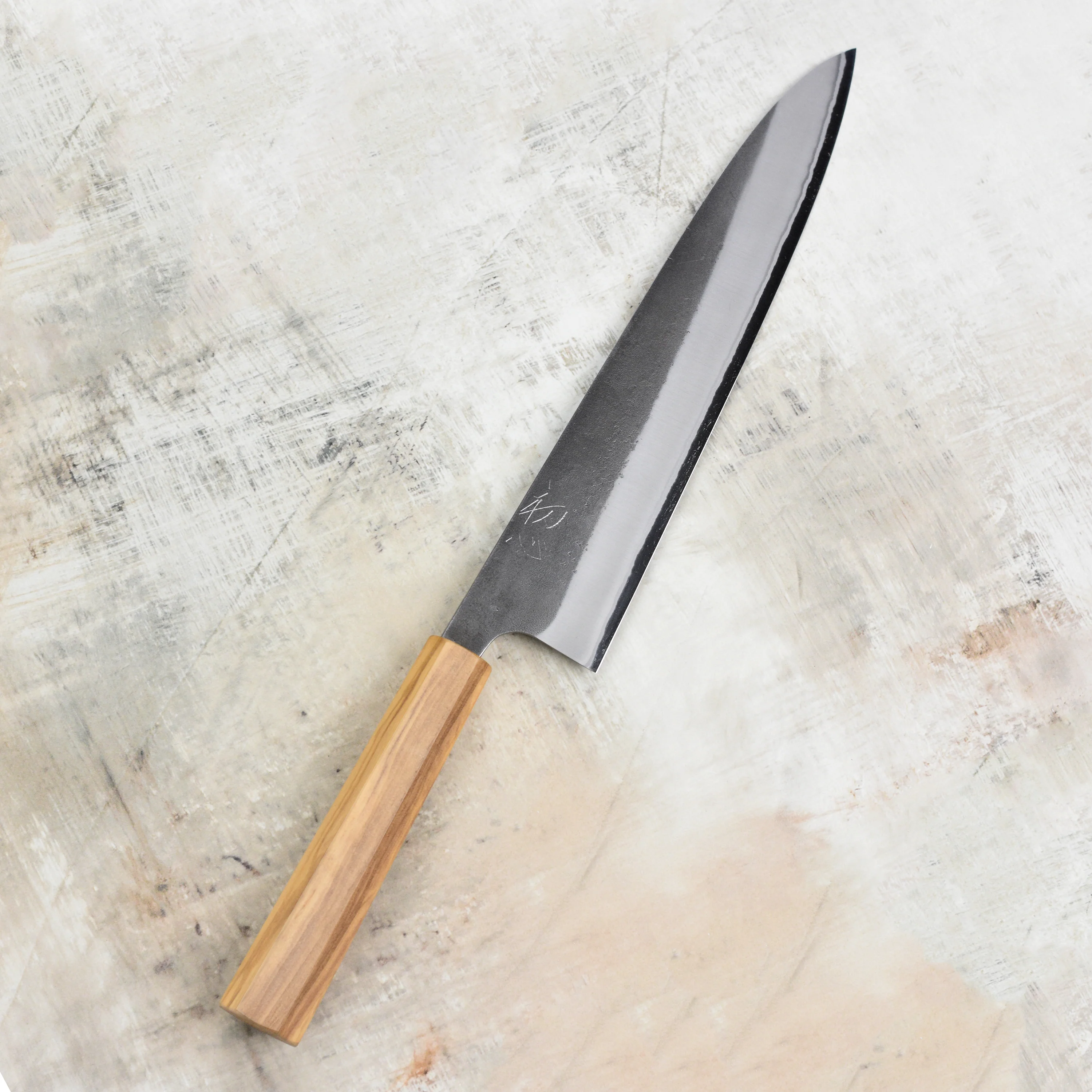 Yoshikane Shirogami #2 Kurouchi Stainless Clad 9.4" Gyuto, Olivewood - Image 4