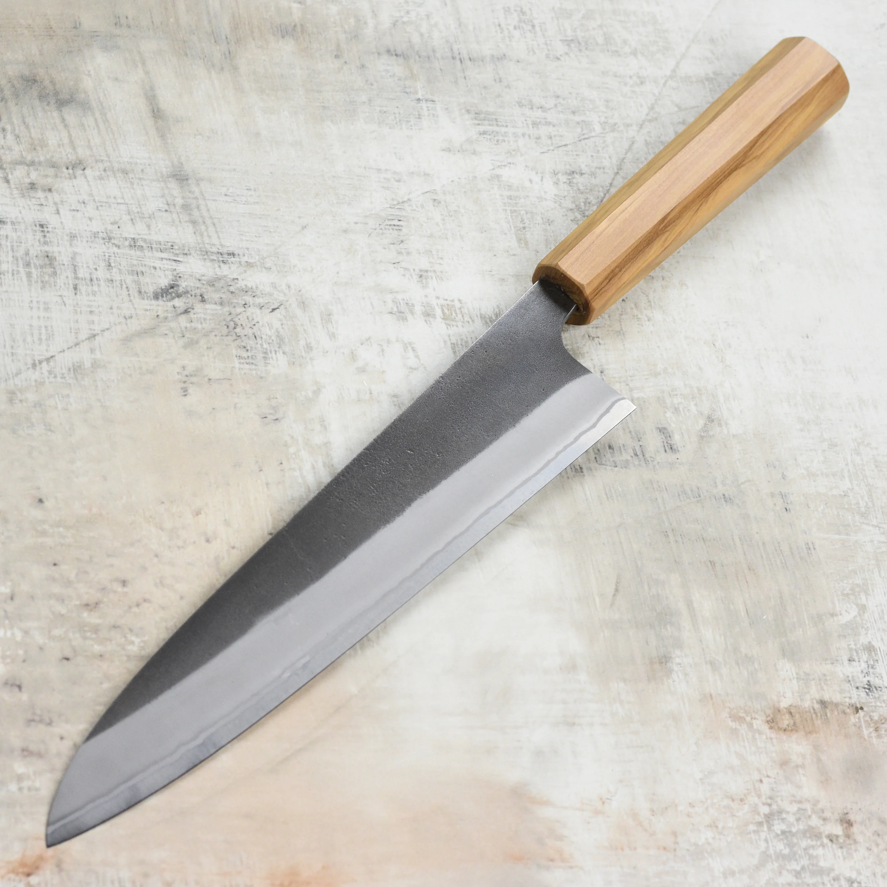 Yoshikane Shirogami #2 Kurouchi Stainless Clad 9.4" Gyuto, Olivewood - Image 6