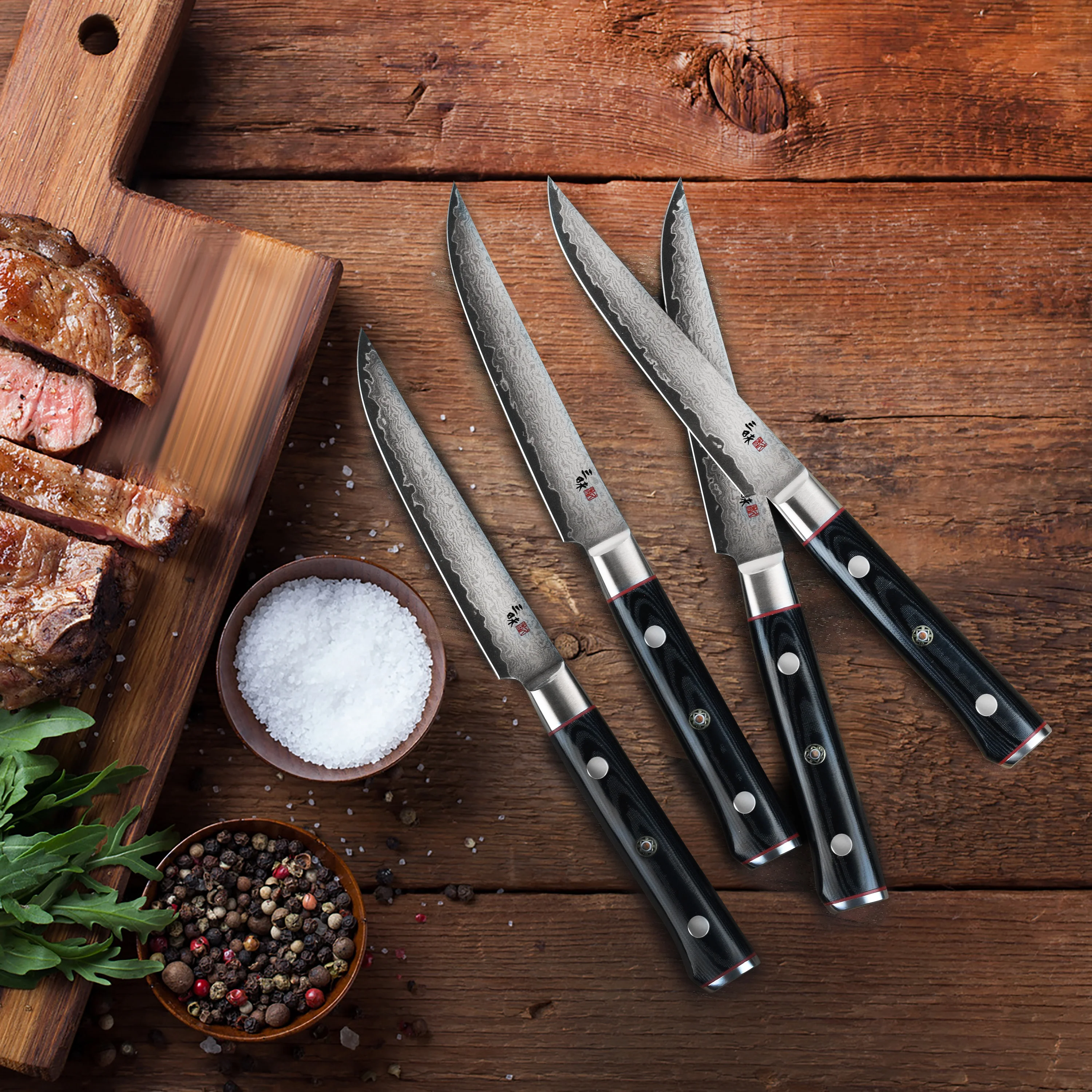Zanmai Classic Pro Zebra Damascus 4 Piece Steak Knife Set - Image 5