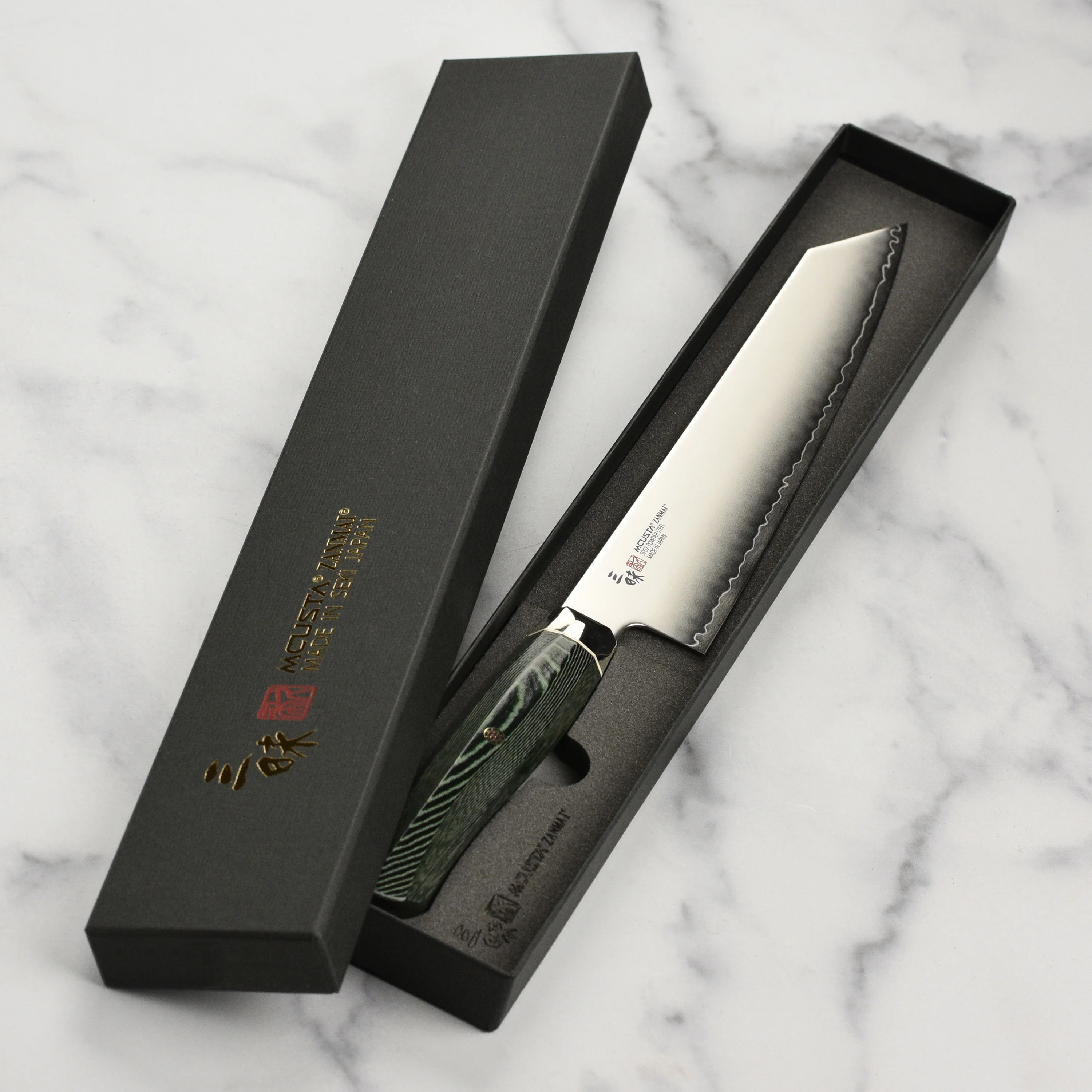 Zanmai Revolution SG2 9" Kiritsuke with Green Micarta Handle - Image 6
